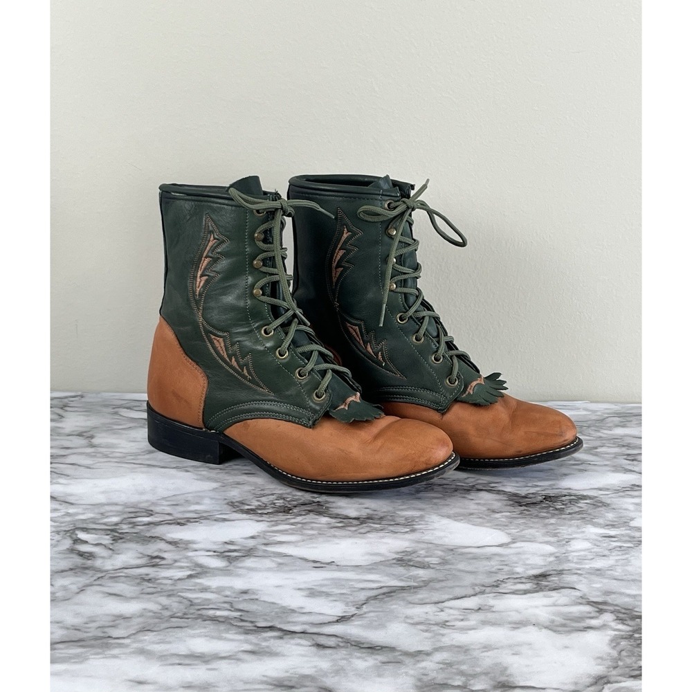 Laredo Western Boots Womens Leather Green Brown Laced Kiltie Sz 9 Made In USA